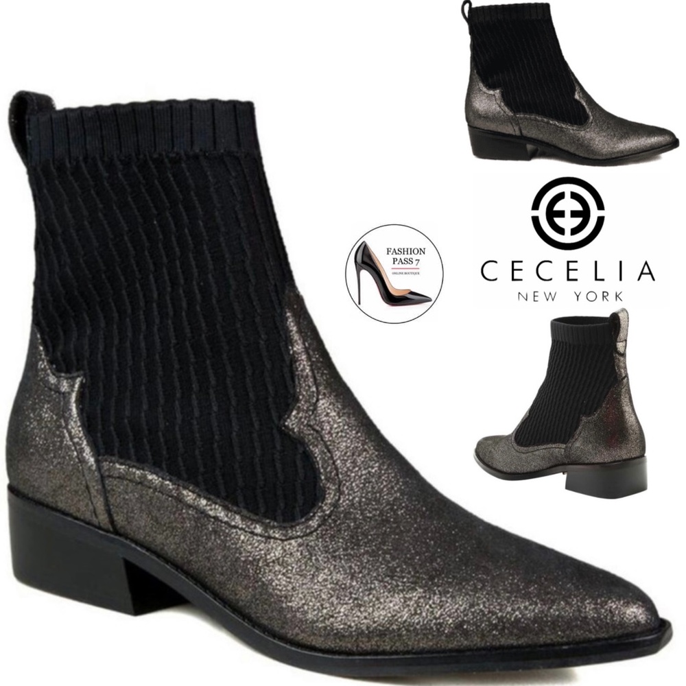 Cecelia New York Tomas Ankle Boot Blacks Pewter Leather Fashion Heel Booties 9.5 - Picture 6 of 10